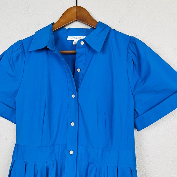 Alexis Shirt Dress Full Skirt Blue Short Sleeve Shirtdress - M - Picture 3 of 5